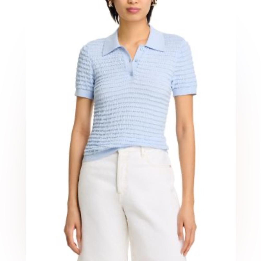 NEW Frame The Smocked Silk Cotton Polo Top Light Chambray Size XS